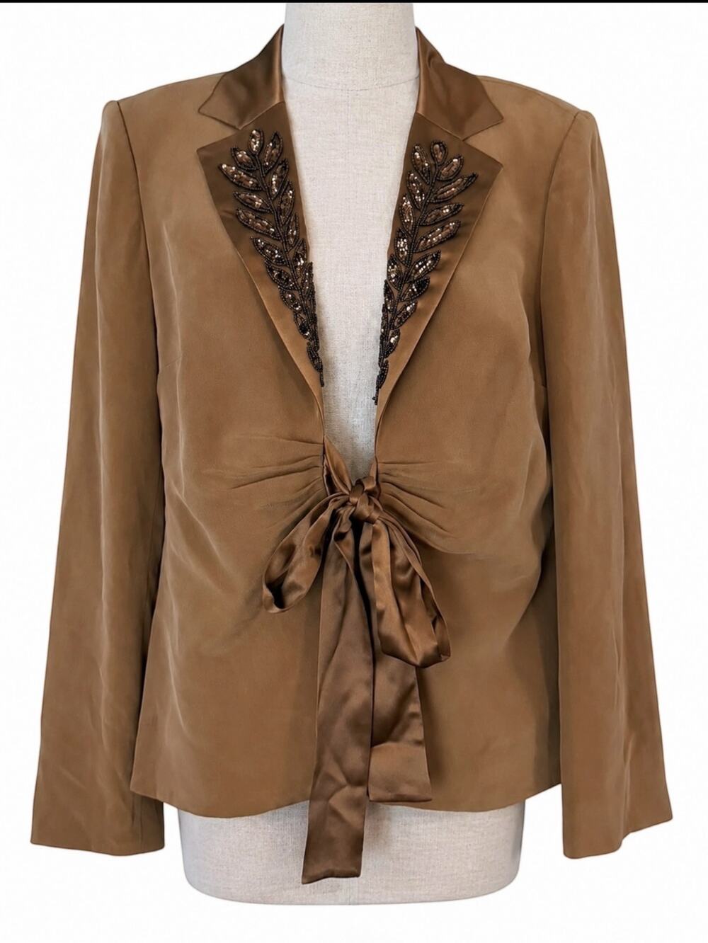 Bloomingdale’s Silk Blazer Womens 12 Brown Beaded Sequin Lapel Tie Front Evening